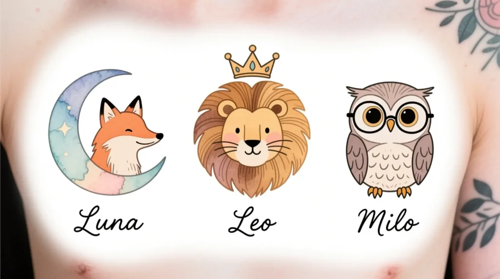 Animal-Themed 3 Kid Name Tattoos