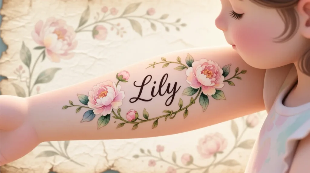 Floral Children’s Name Tattoos