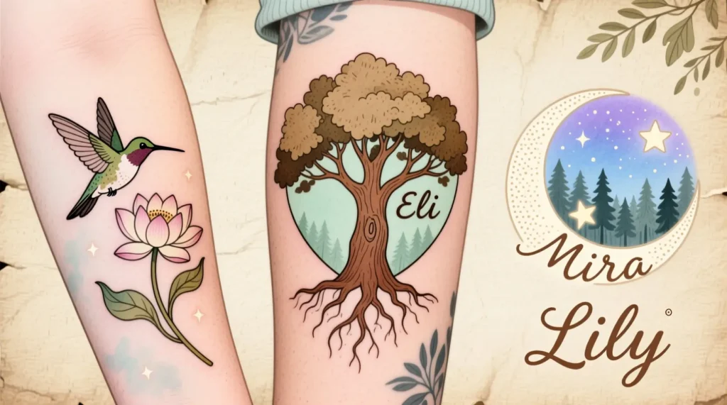 Nature-Themed 3 Kid Name Tattoo Ideas